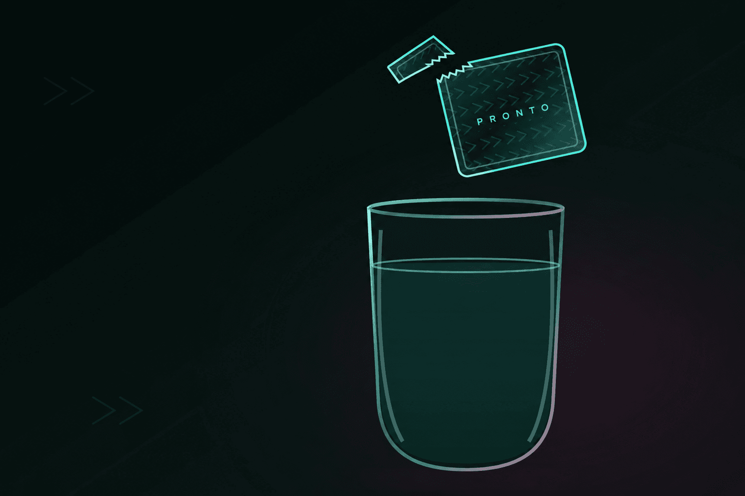A neon-outlined Pronto sachet tears open above a glass of water.